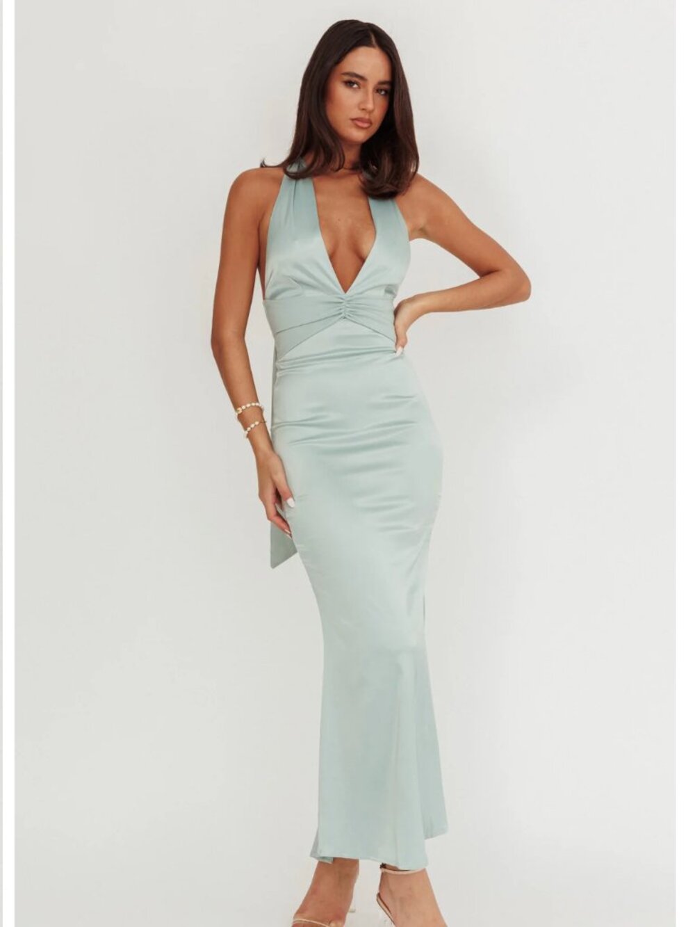 NWT Selfie Leslie Italia Azure Pleat Bodice Halterneck Maxi Dress Green - Small